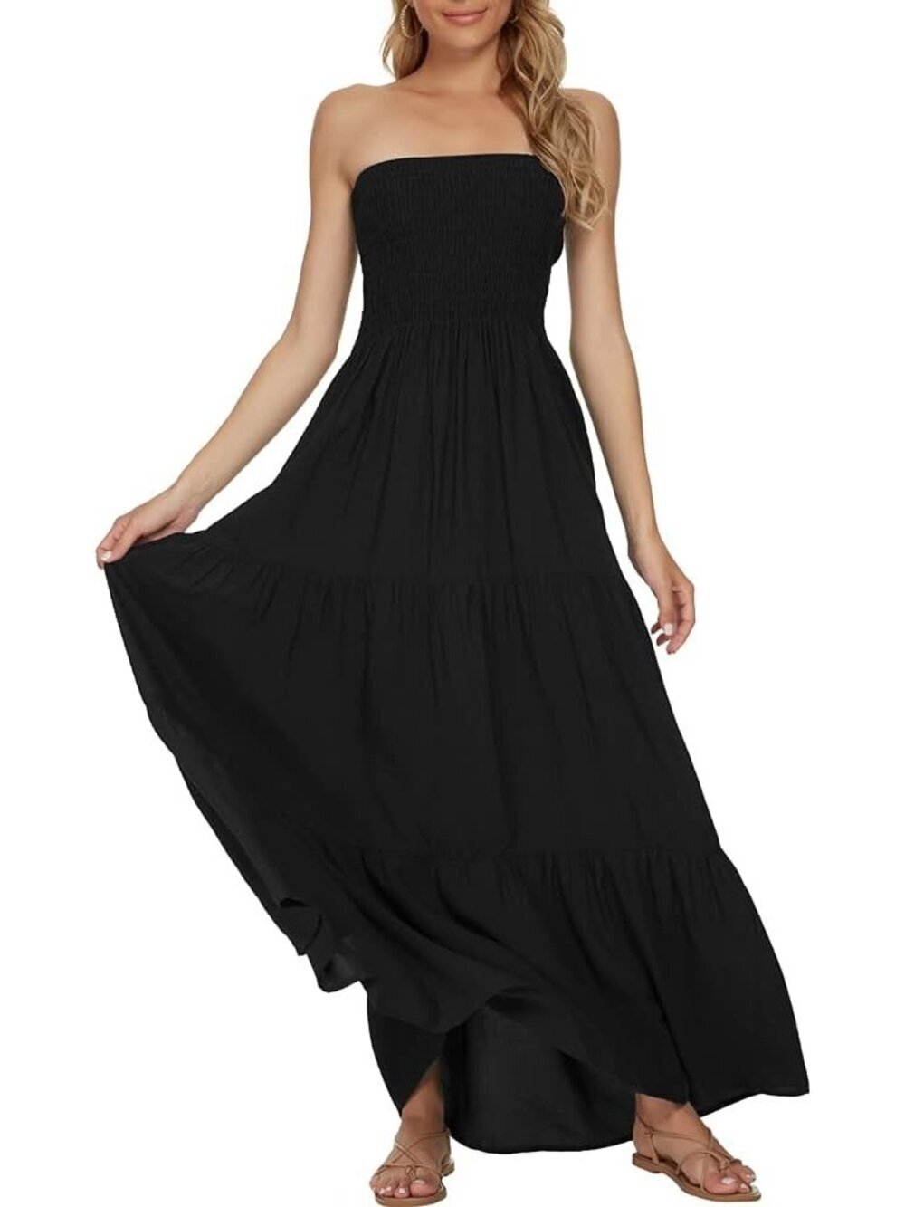 Women's Black Summer Strapless Tube Top Off Shoulder Boho Beach Long Maxi Dress